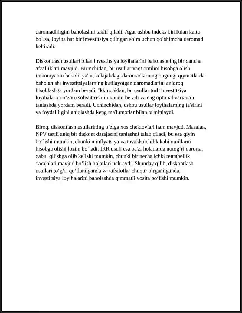 INVESTITSIYA LOYIXALARINING SAMARADORLIGINI DISKONTLASH USILLARI ASOSIDA BAXOLASH 4