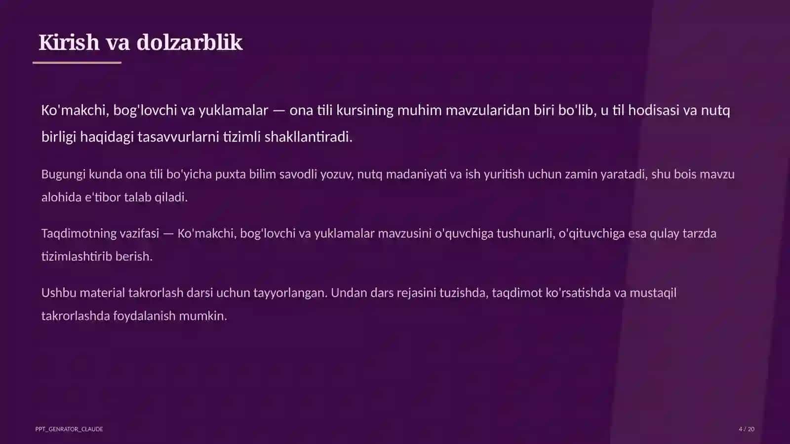 Ko'makchi, bog'lovchi va yuklamalar (7-sinf) 4