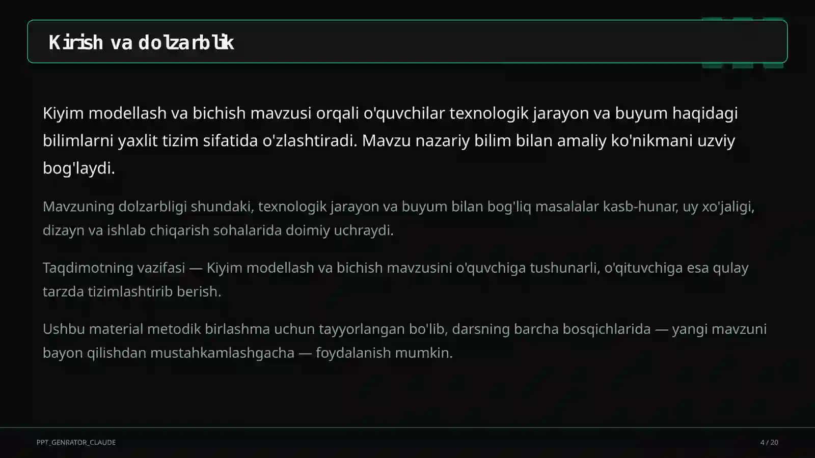 Texnologiya (1–11) — metodik birlashma uchun 4