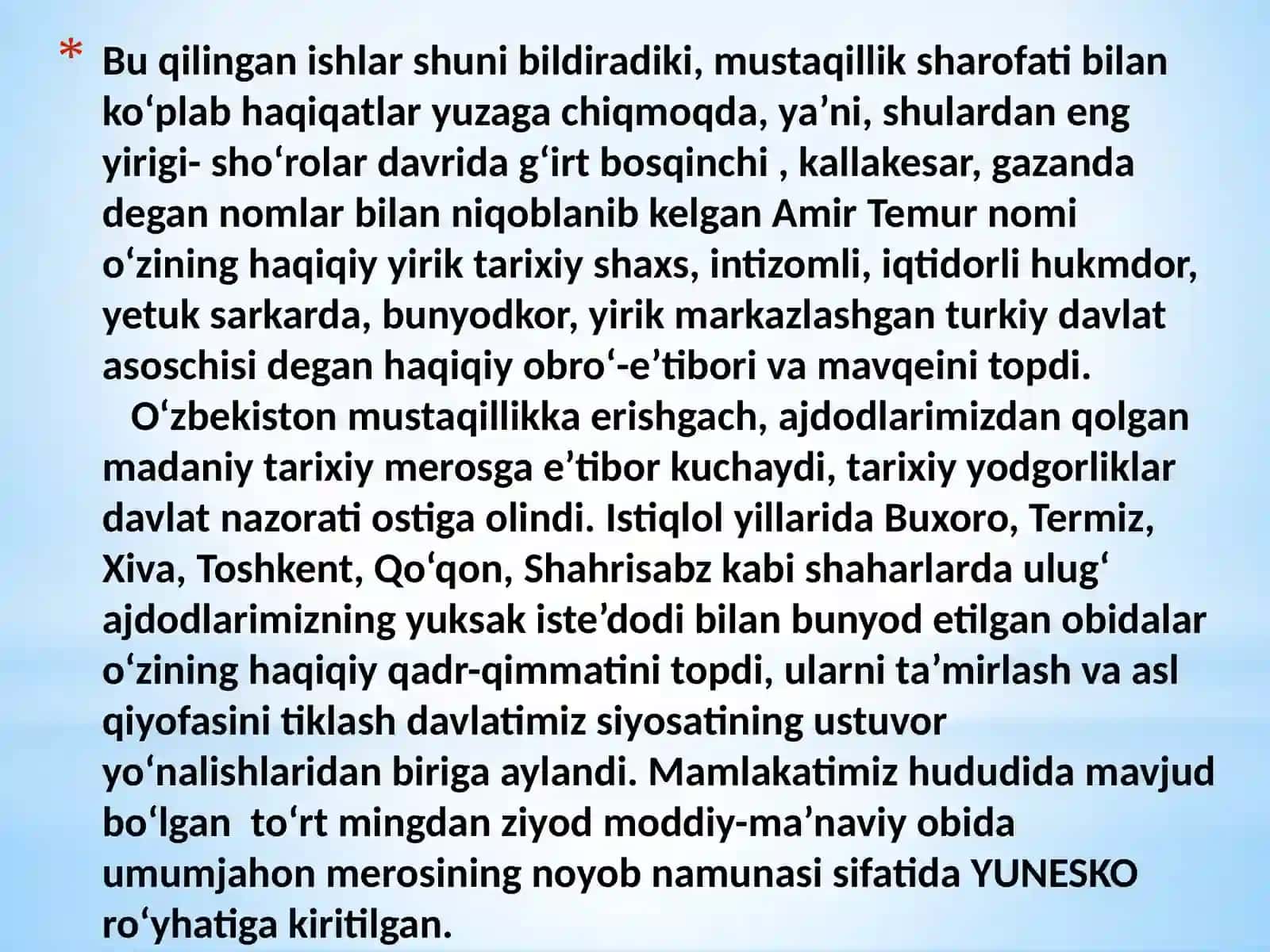 Mustaqillik yillarida O‘zbekistonning ma’naviy va madaniy taraqqiyoti. O‘zbekiston Respublikasida ta’lim sohasida amalga oshirilgan islohotlar. Mustaqillik yillarida Qoraqalpog‘iston Respublikasi. 4