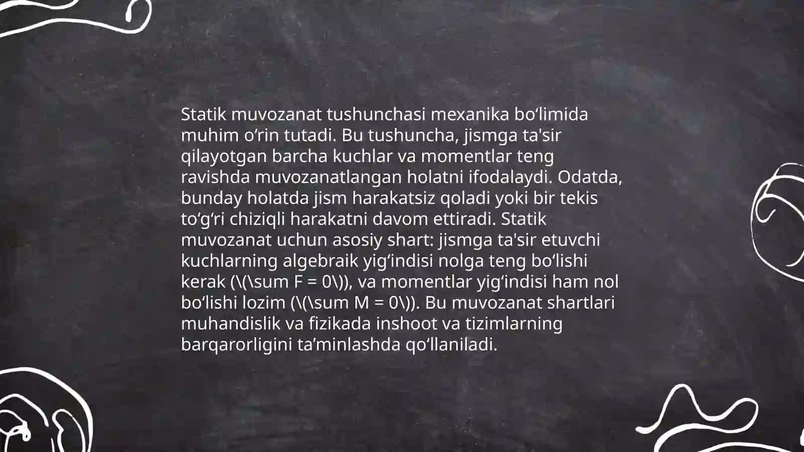Qattiq jismning kuchlar sistemasi tasirida muvozanati. Bosh vektor va bosh momenti 4