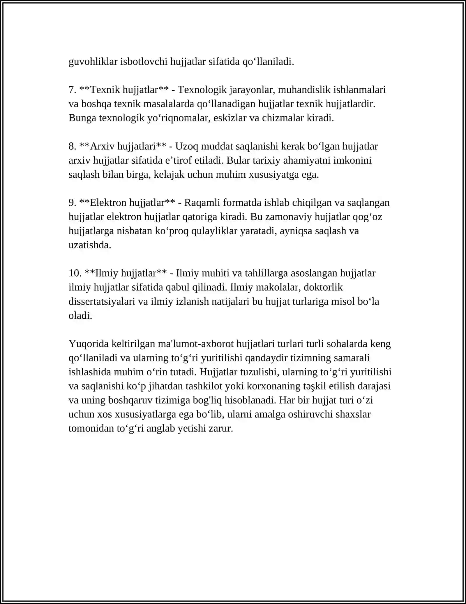 MA’LUMOT-AXBOROT HUJJATLARI. MA’LUMOTNOMA. MAJLIS BAYONI. XIZMAT YOZISHMALARI. XATLAR. 2024-2025-o'quv yili 4