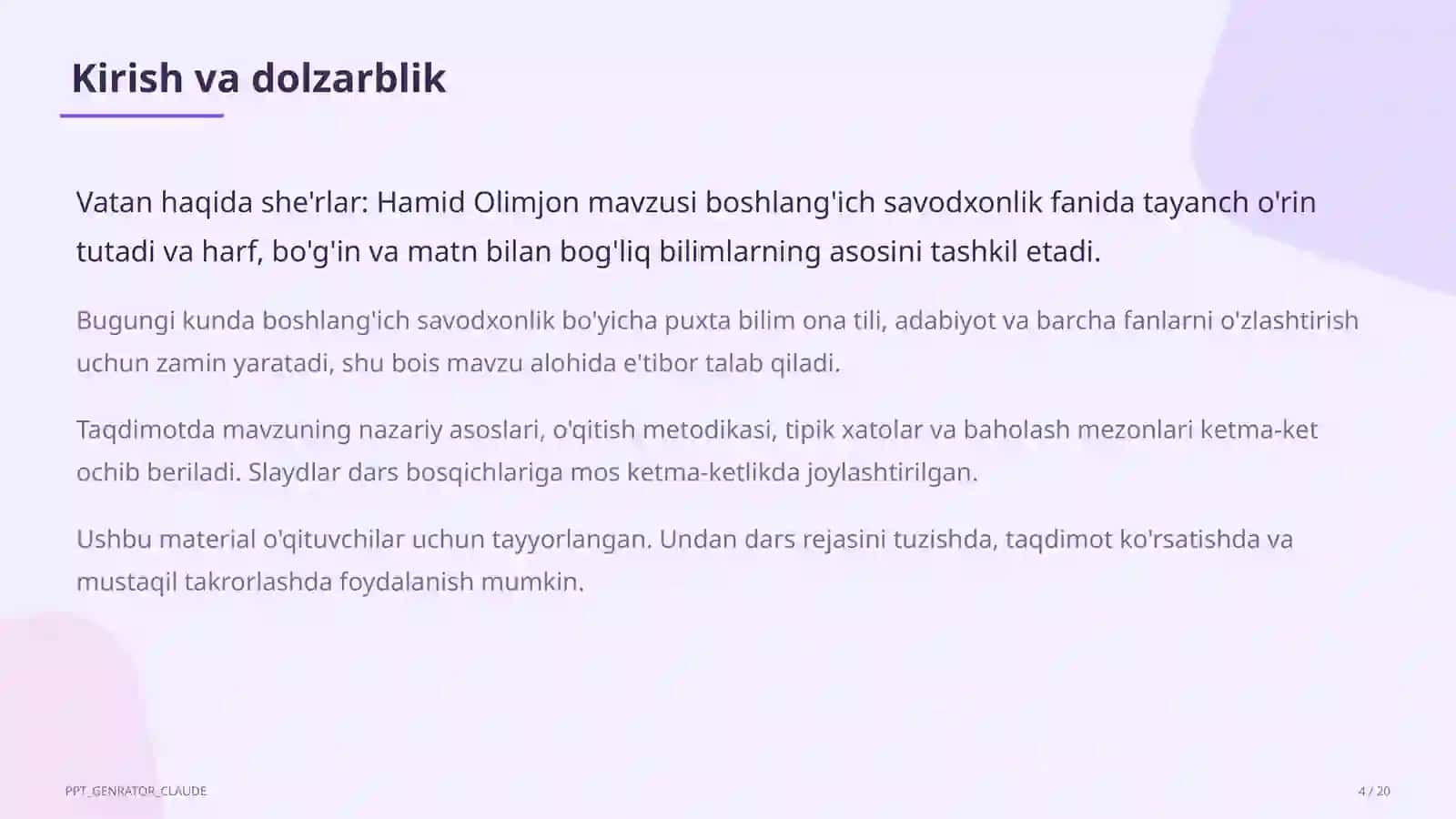 Boshlang'ich sinf: Ona tili va o'qish (1–4) — o'qituvchilar uchun 4