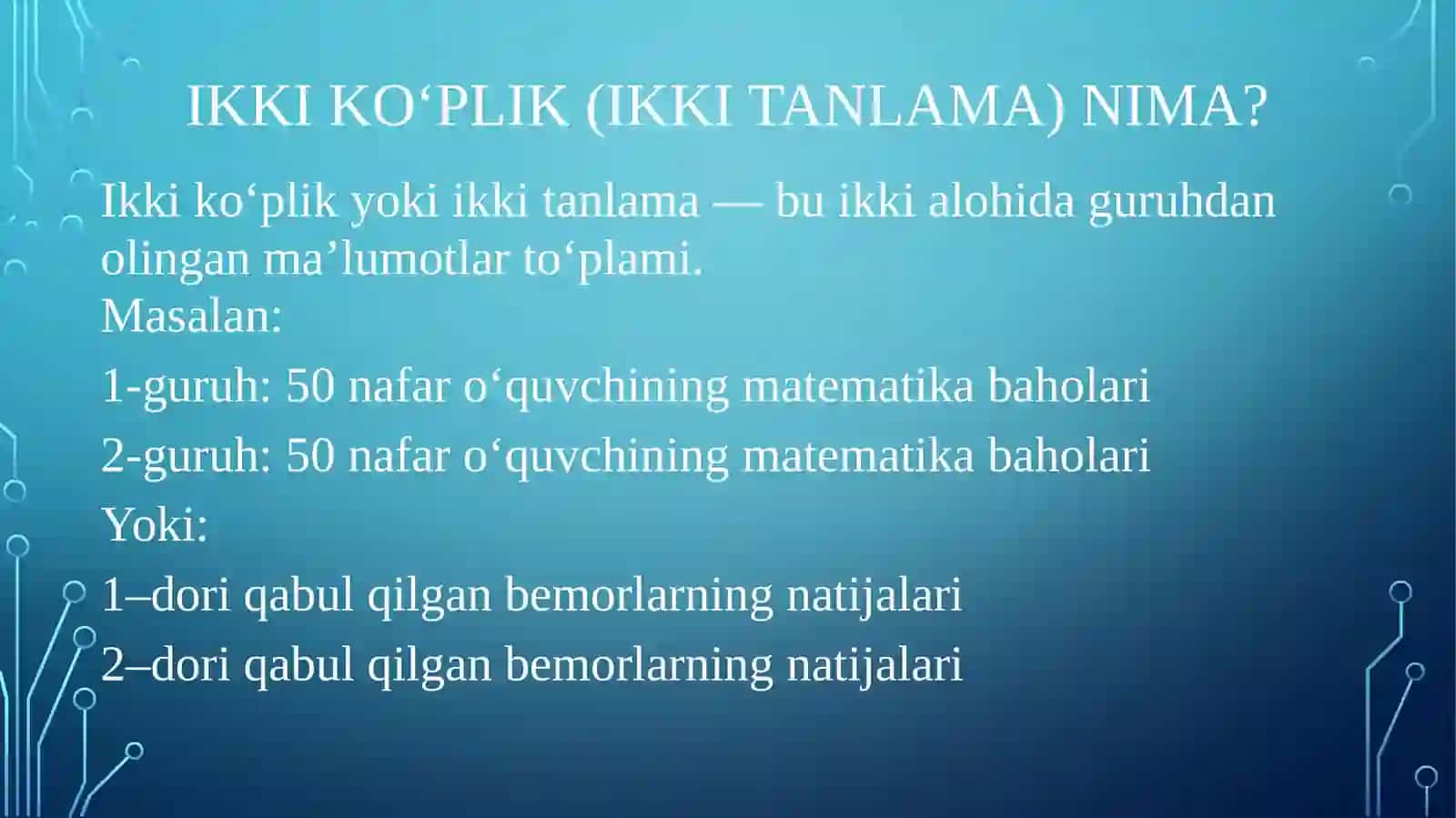 IKKI KO’PLIKNI TAQQOSLASH. STYUDENT VA FISHER MEZONLARI.Noparametrik mezonlar 4