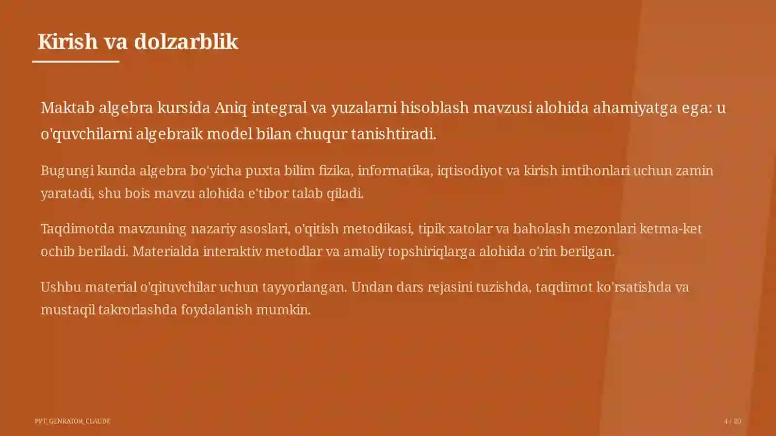 Aniq integral va yuzalarni hisoblash (11-sinf) 4