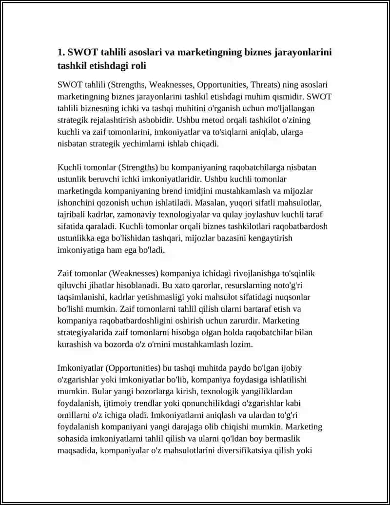 BIZNES JARAYONLARINI TASHKIL ETISHDA MARKETINGNING ÒRNIBÒYICHA SWOT TAHLILI 4
