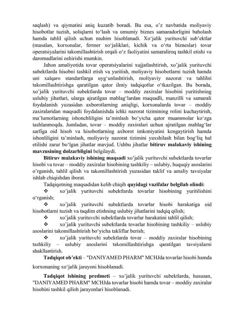 XO‘JALIK YURITUVCHI SUBYEKTLARDA TOVAR OPERATSIYALARI HISOBINI TAKOMILLASHTIRISH 4