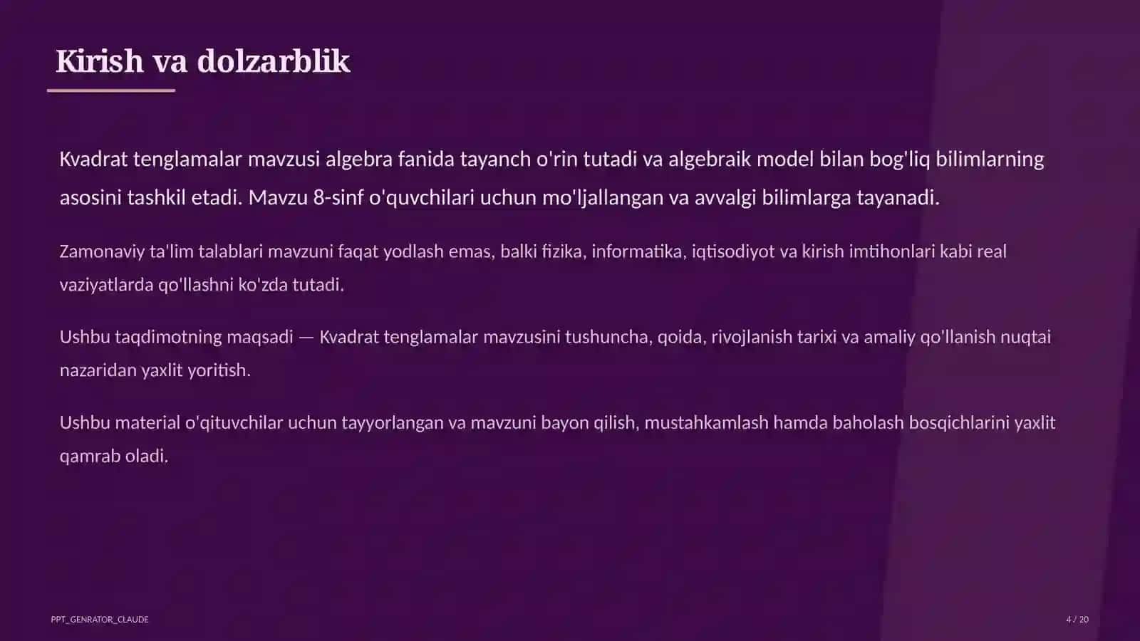 Kvadrat tenglamalar (8-sinf) 4
