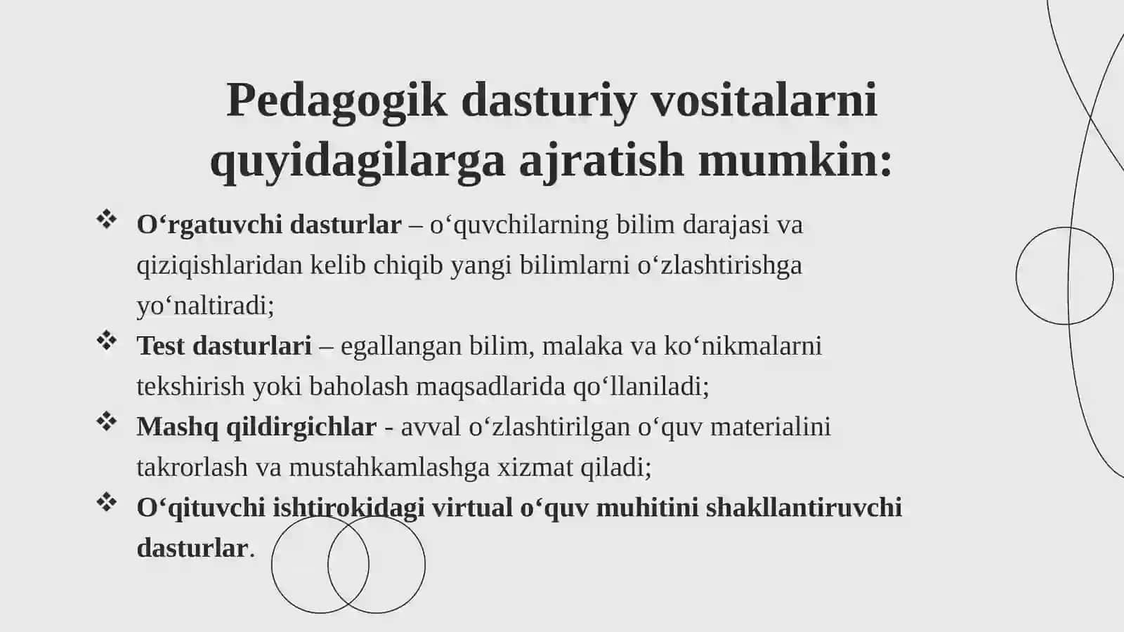 Pedagogik dasturiy vositalar va nazorat testlarini yaratuvchi dasturlar 4