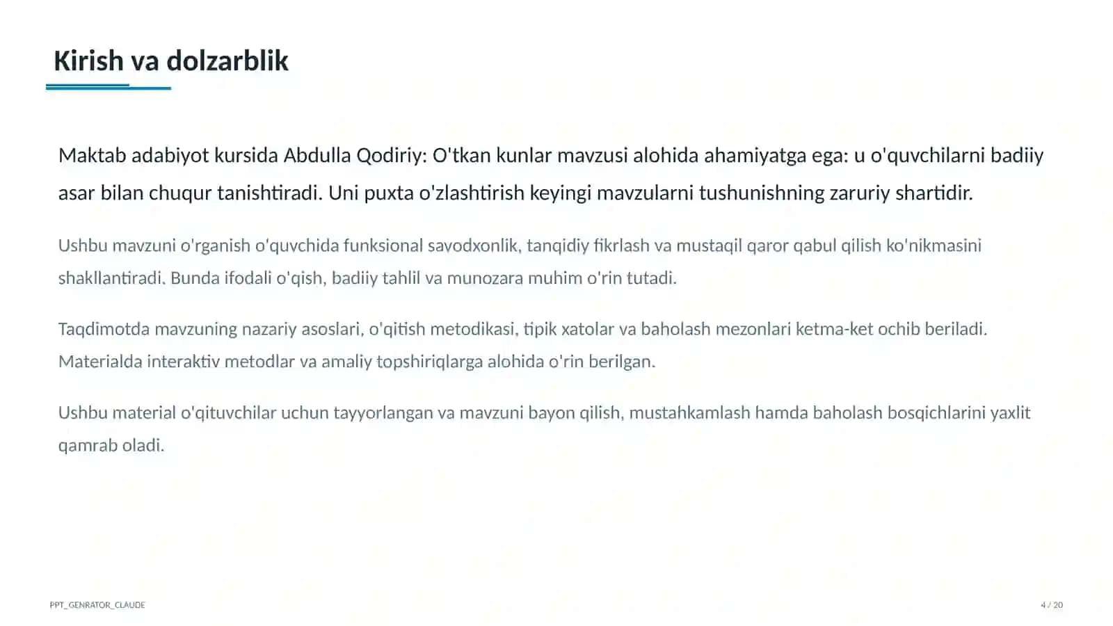 Abdulla Qodiriy: O'tkan kunlar (9-sinf) 4