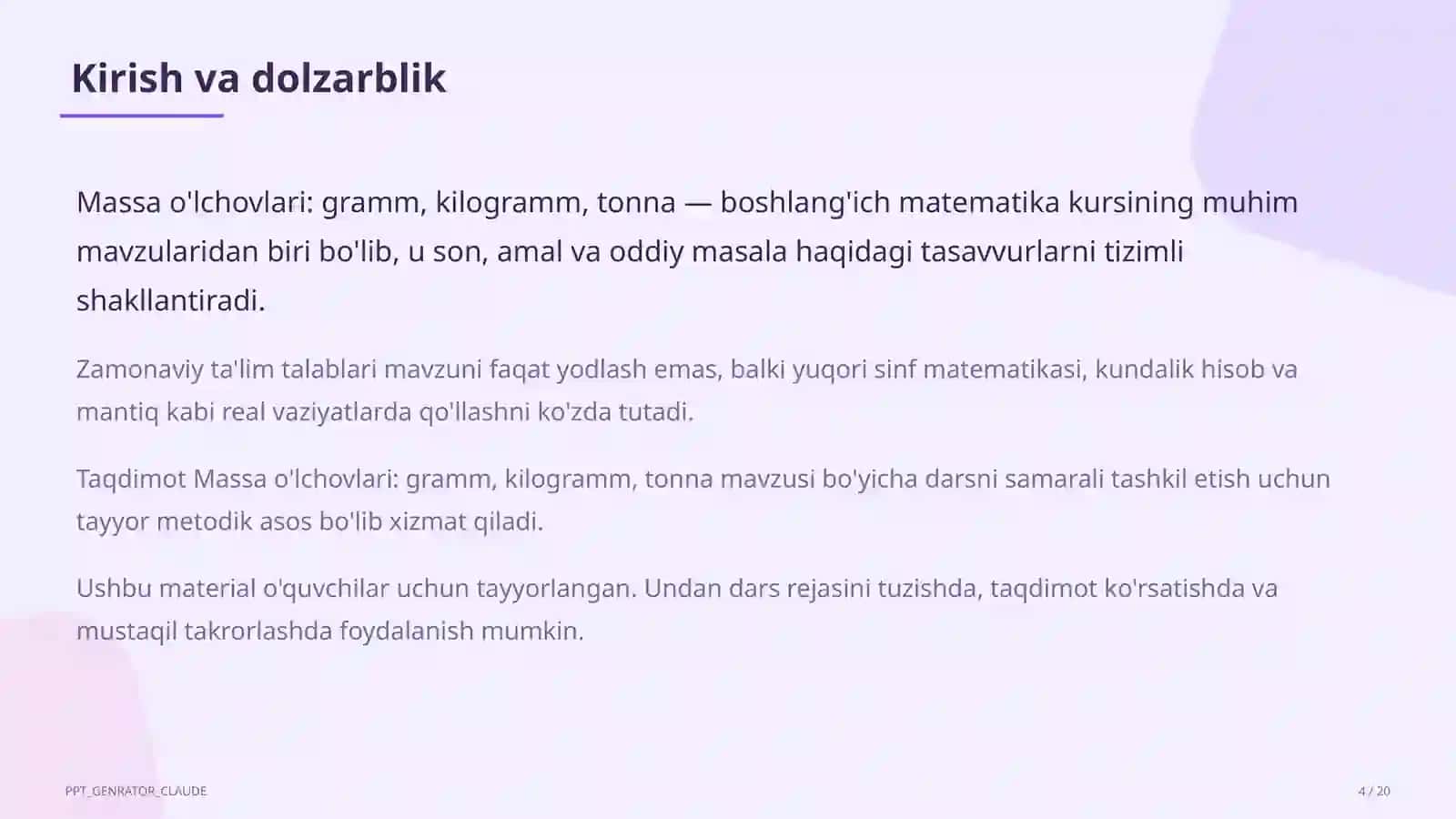 Massa o'lchovlari: gramm, kilogramm, tonna (4-sinf) 4