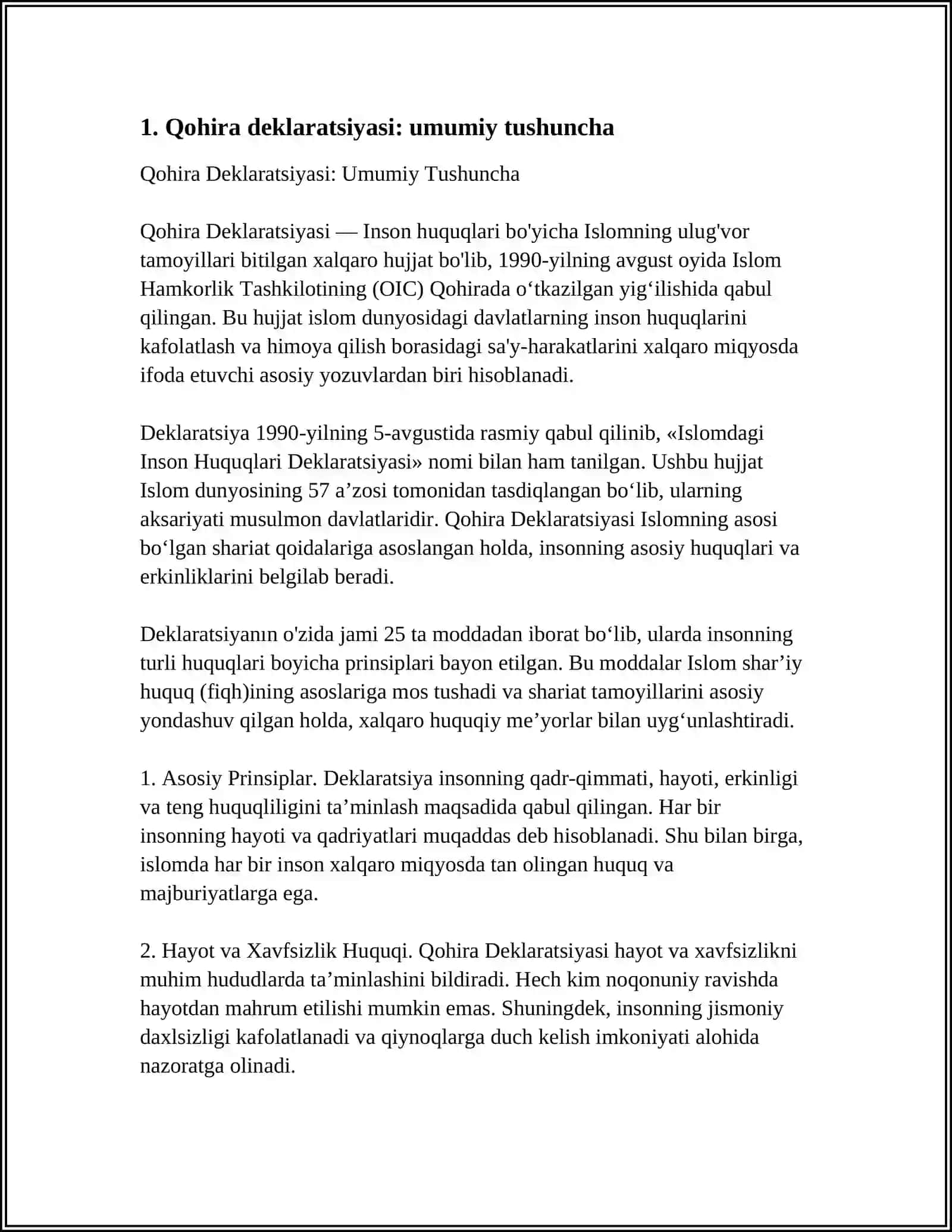 QOHIRA DEKLARATSIYASI HAQIDA TAHLILIY MAQOLA TAYYORLASH 4