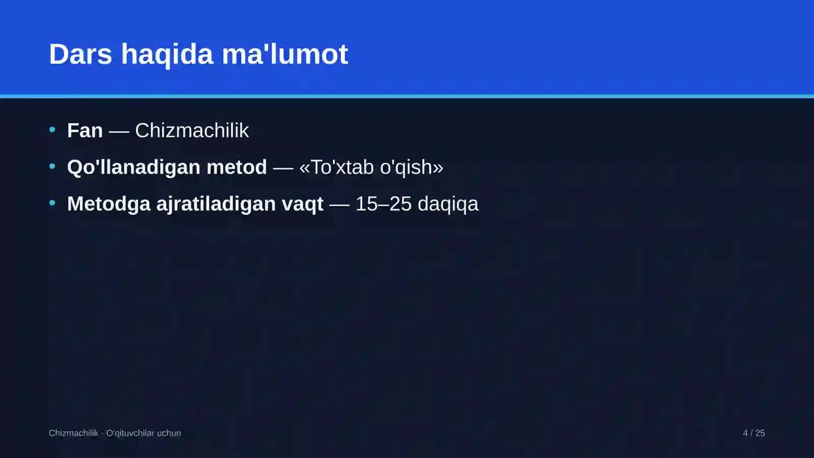chizmachilik darslarida to'xtab o'qish metodidan foydalanish 3735 4