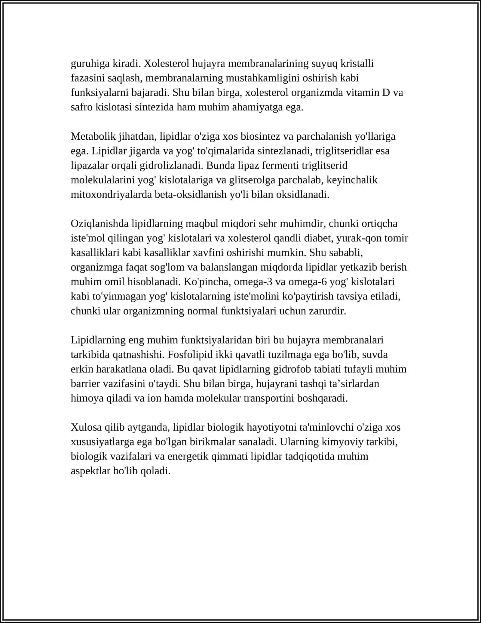 LIPIDLAR. SOVUNLANMAYDIGAN LIPIDLAR. TERPENLAR VA STEROIDLAR TUZILISHI VA XOSSALARI 4