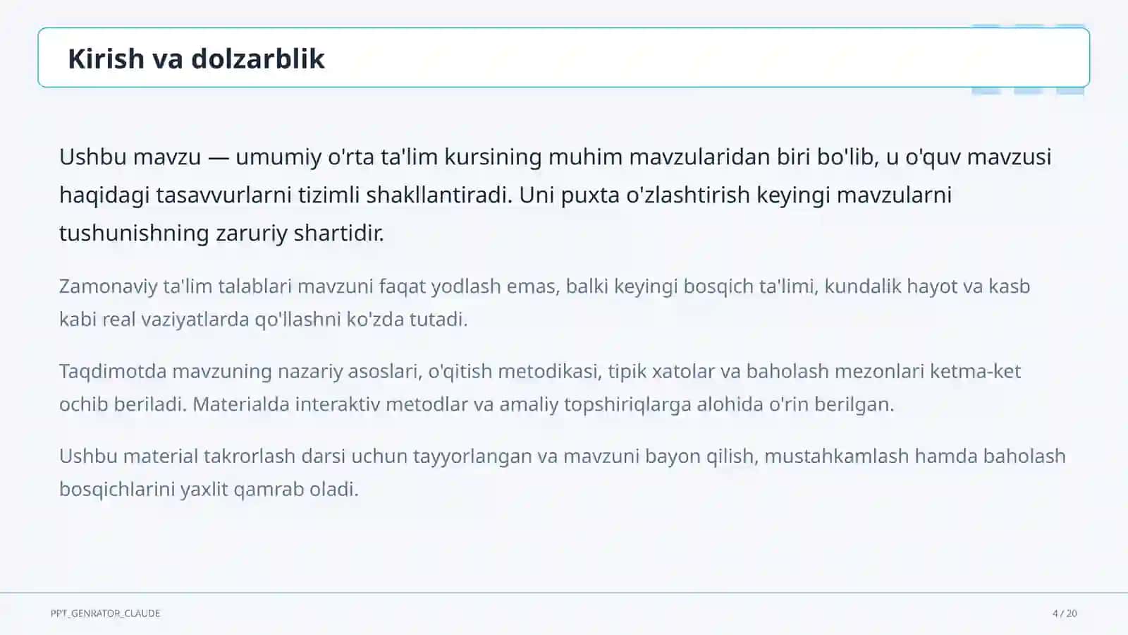 Algebra va geometriyani yagona "Matematika" fani sifatida o'qitish: yangi yondashuv ( 4