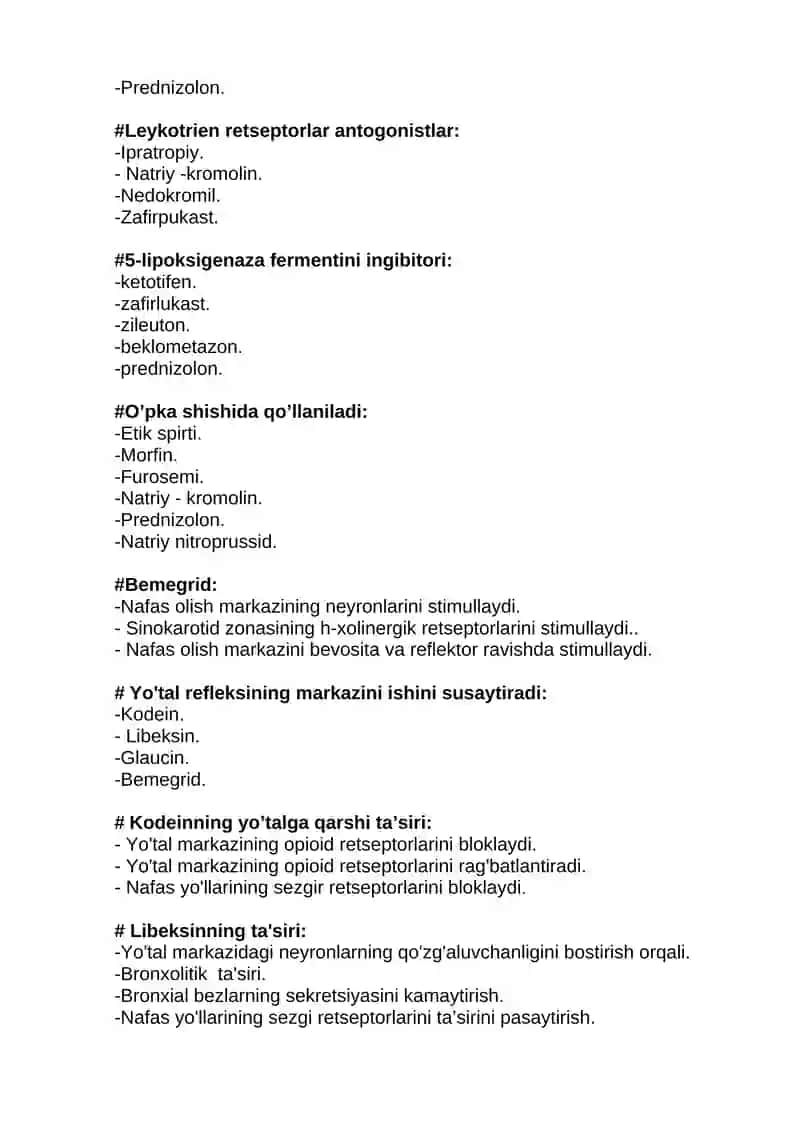 Nafas tizimiga ta’sir etuvchi vositalar. TEST 4