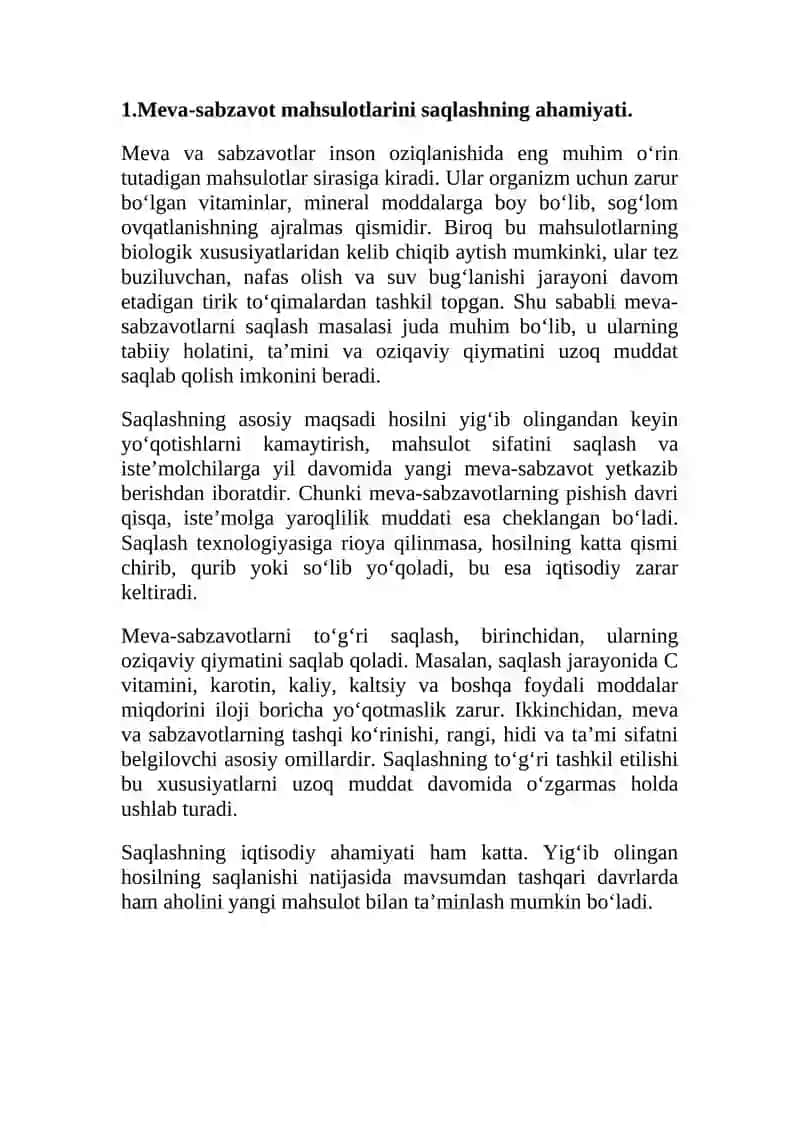 Meva-sabzavot mahsulotlarini saqlash omborlari, saqlash davrida sodir bo’ladigan o’zgarishlar. 4