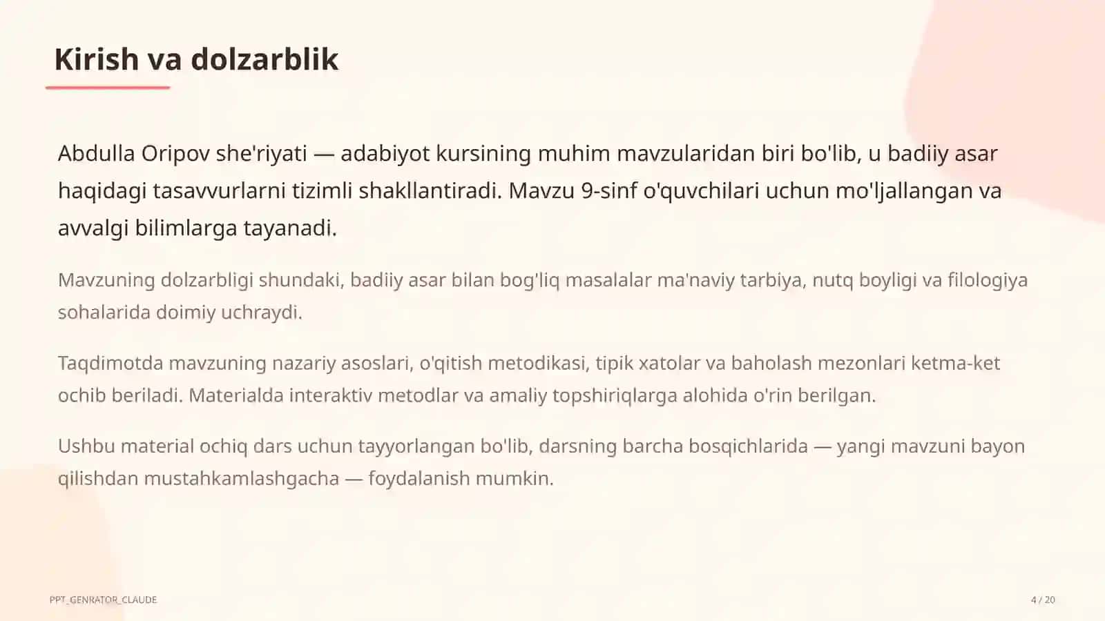 Abdulla Oripov she'riyati (9-sinf) 4
