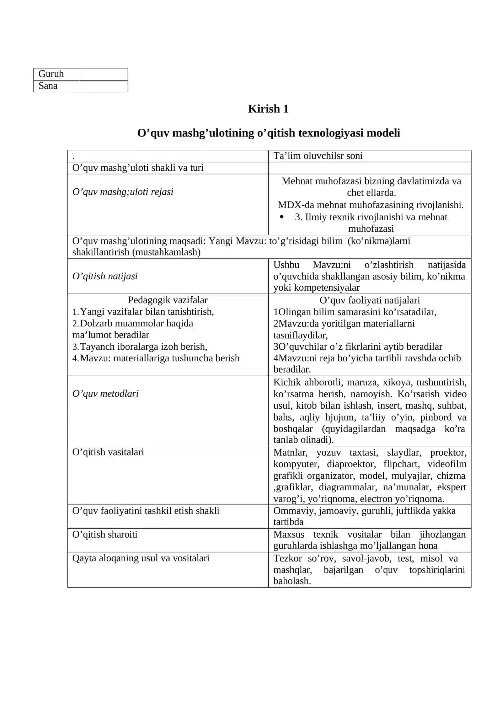 MEHNAT MUHOFAZASI VA TEXNIKA XAVFSIZLIGI fanidan o'qitish materiallari to'plami 4