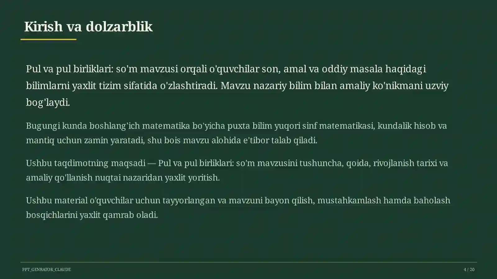 Pul va pul birliklari: so'm (2-sinf) 4