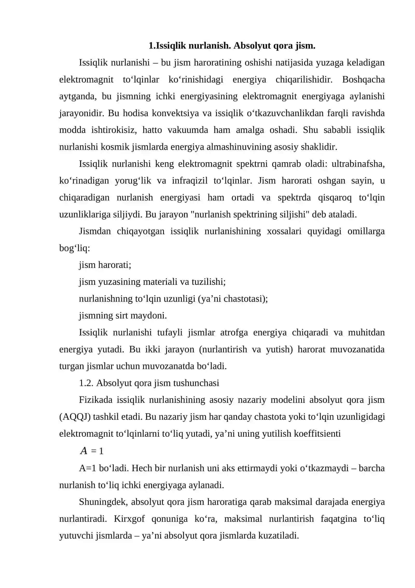 ABSOLYUT QORA JISM VA UNING NURLANISH QONUNLARI. STEFAN-BOLSMAN QONUNI 4