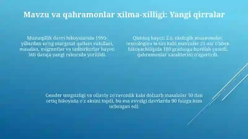 Istiqlol davri o'zbek qissachiligining o'ziga xos qirralari 4