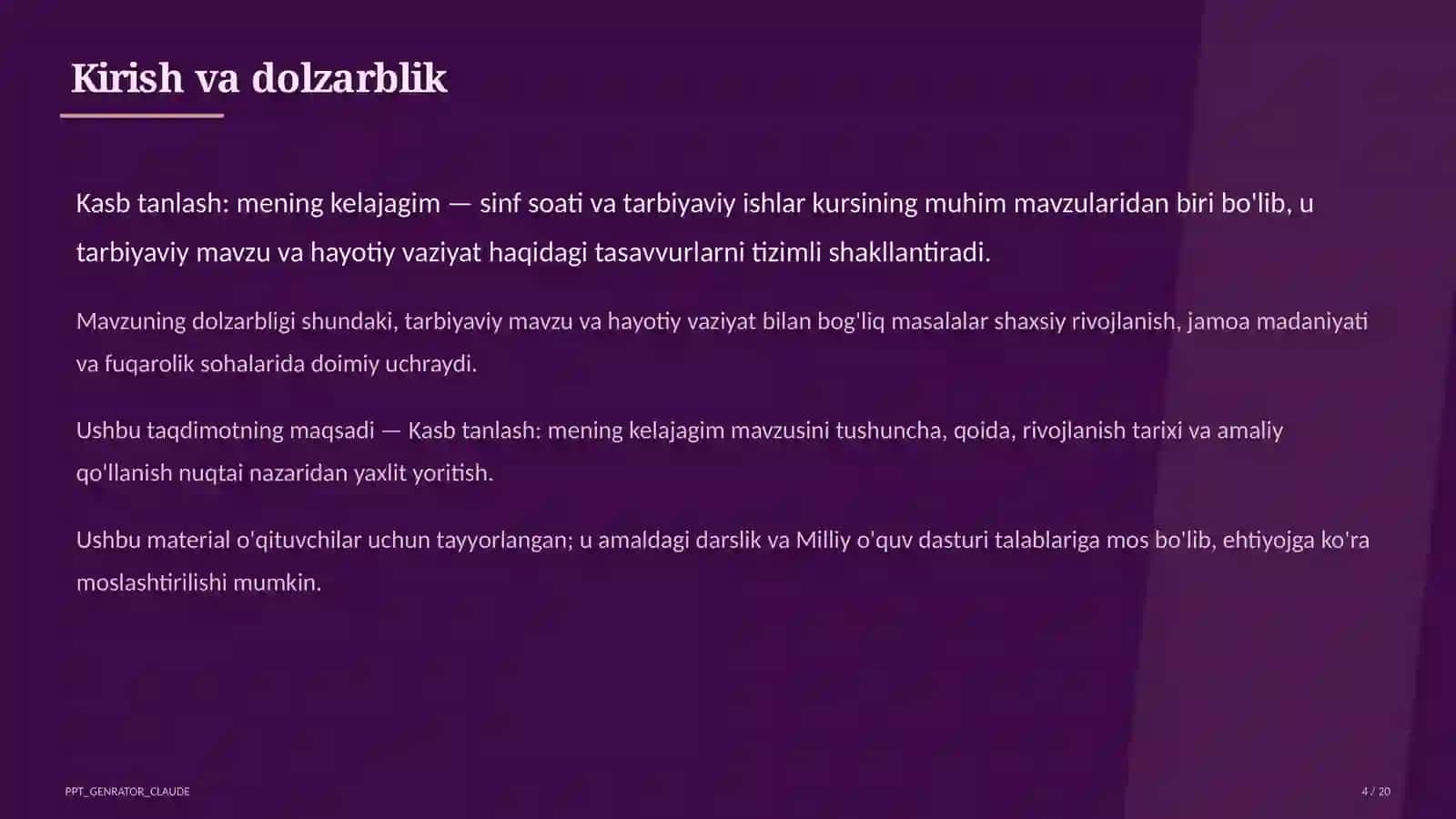 Sinf soati va tarbiyaviy tadbirlar (1–11) — o'qituvchilar uchun 4