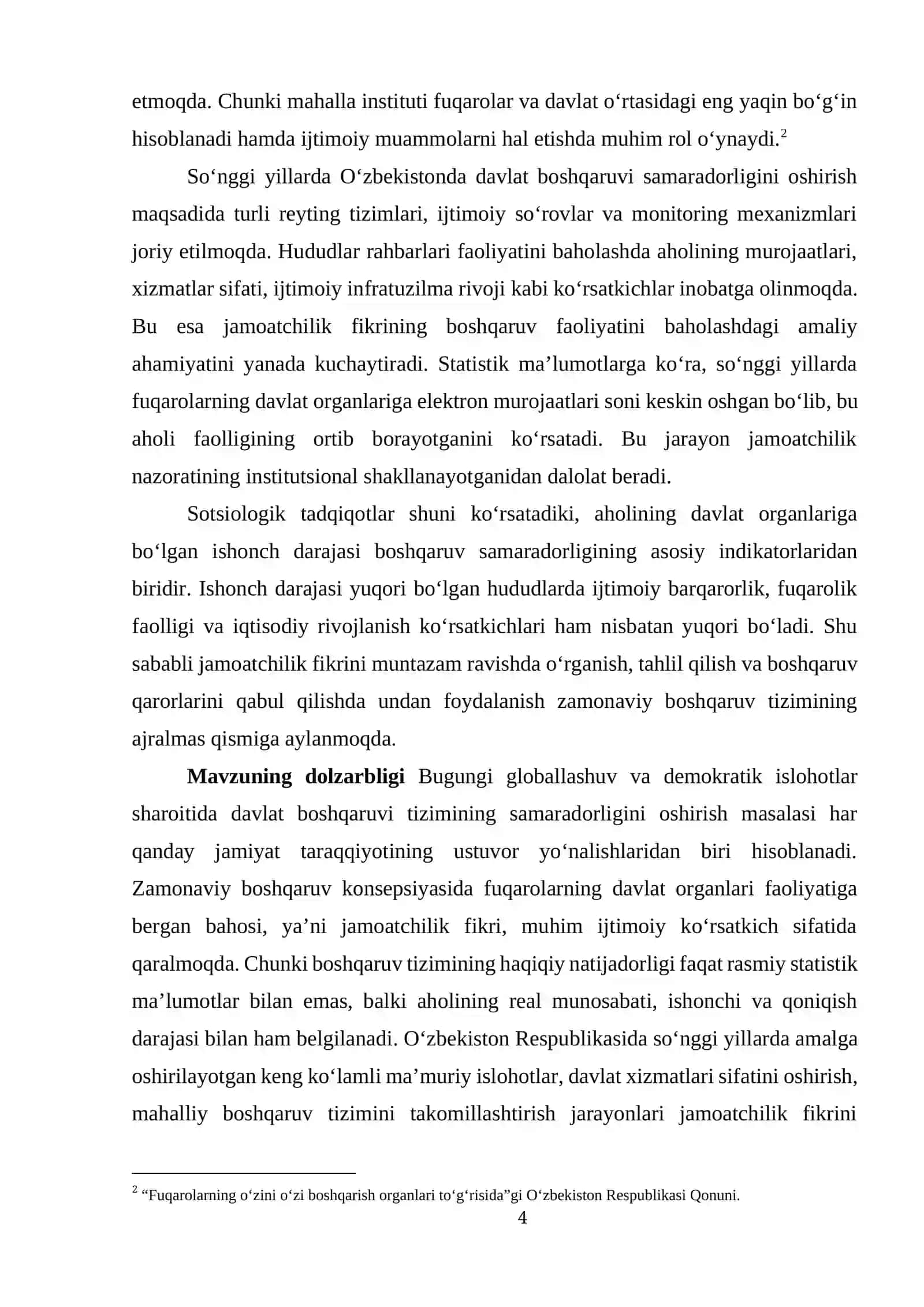 Jamoatchilik fikri mahalliy o'zini o'zi boshqarish organlari davlat boshqaruv faoliyatini baholash ko'rsatkichi sifatida 4