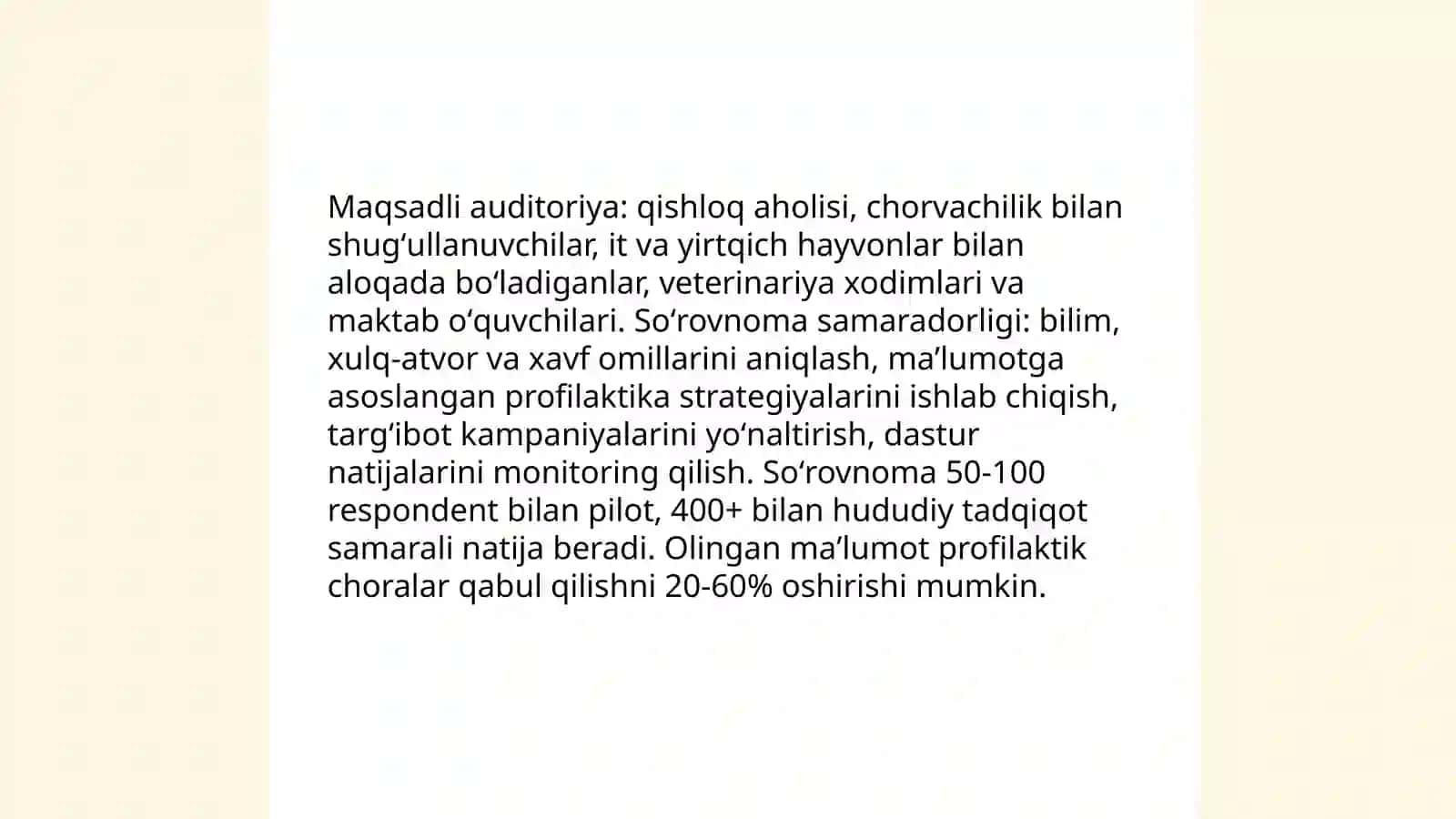 Exinokokkoz kasalligining oldini olishda soʻrovnoma oʻtkazishning ahamiyati 4