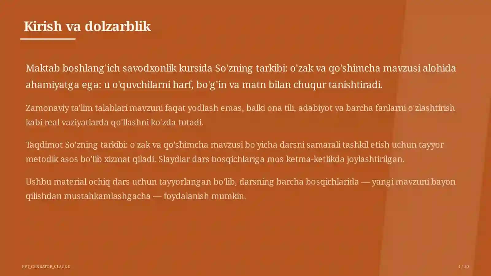 Ta'lim dasturi: Ona tili va o'qish 4