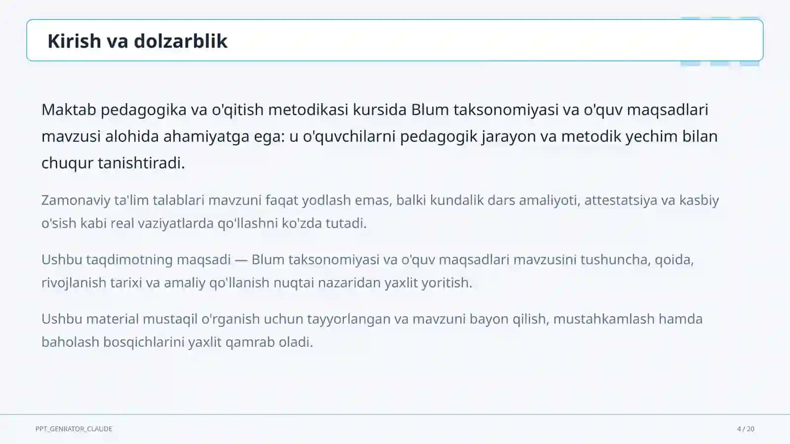 Blum taksonomiyasi va o'quv maqsadlari 4