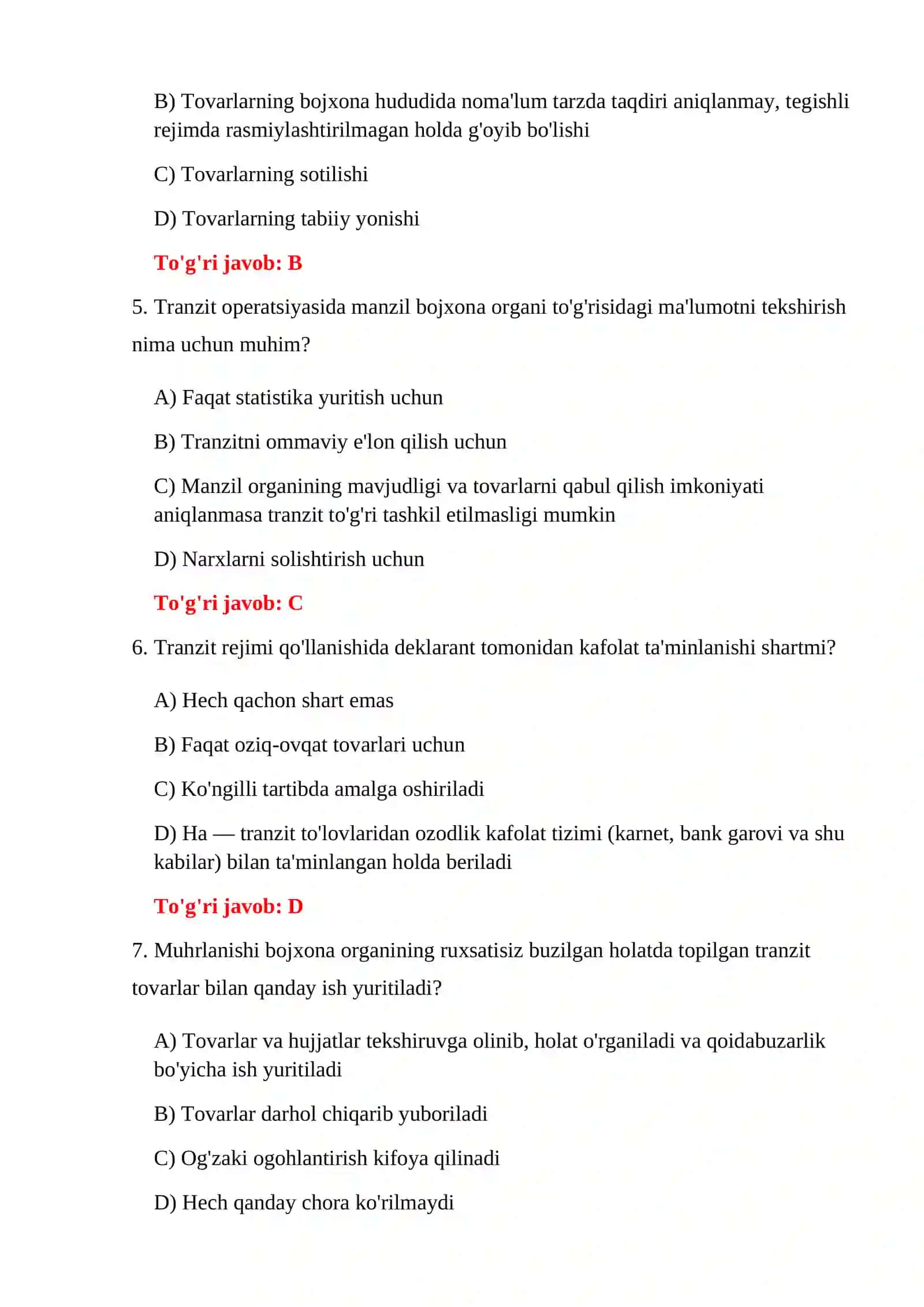 TRANZIT BOJXONA NAZORATI TESTLARI 4