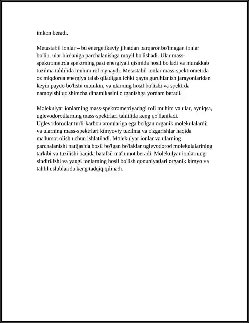 BO'LAKLI, QAYTA GURUHLANUVCHI, METASTABIL IONLAR VA ULARNING HOSIL BO'LISH QONUNIYATLARI.UGLEVODORODLARNING MASS-SPEKTRLARI 4