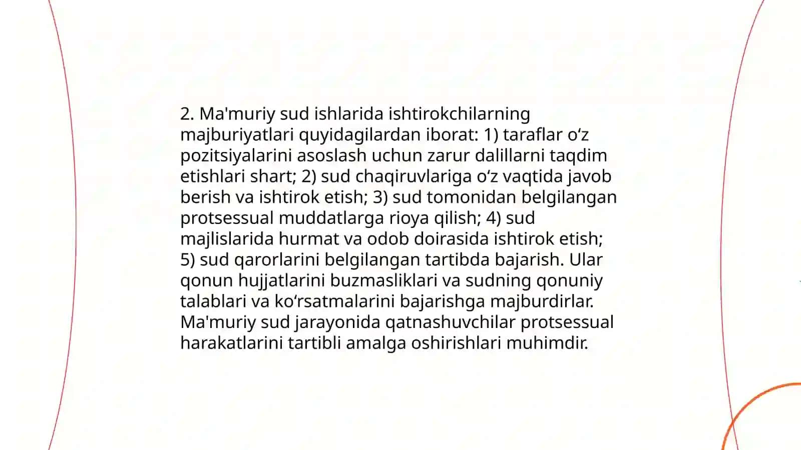 MAʼMURIY SUD ISHLARINI YURITISH ISHTIROKCHILARINING HUQUQ VA MAJBURIYATLARI, SUDDA VAKILLIK, ARIZANING (SHIKOYATNING) SHAKLI VA MAZMUNI 4