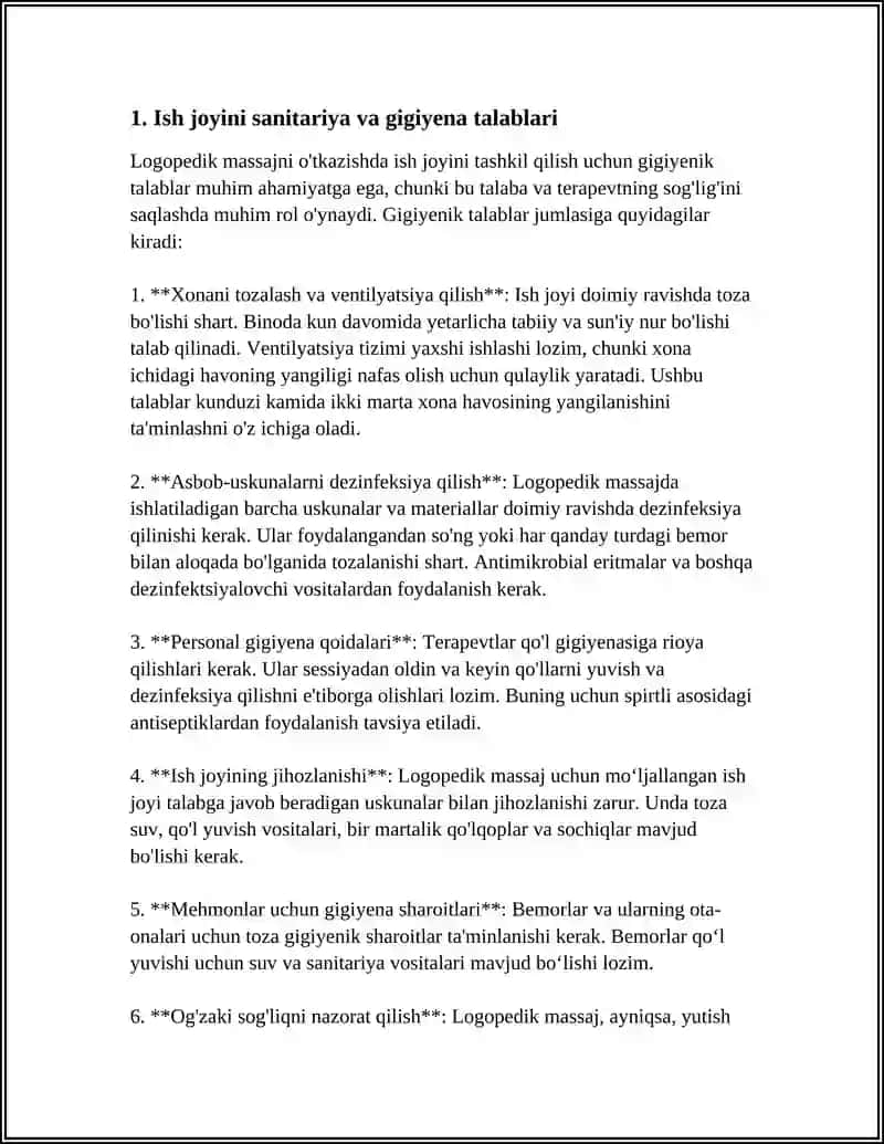 REFERAT: LOGOPEDIK MASSAJNI O‘TKAZISHDA ISH JOYINI TASHKIL QILISH UCHUN GIGIYENIK TALABLAR. YUTISH VA CHAYNASHGA O‘RGATISH TEXNIKASI 4