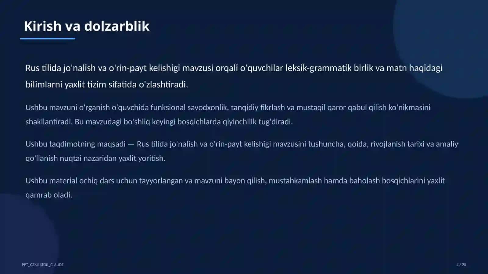 Rus tilida jo'nalish va o'rin-payt kelishigi (5-sinf) 4