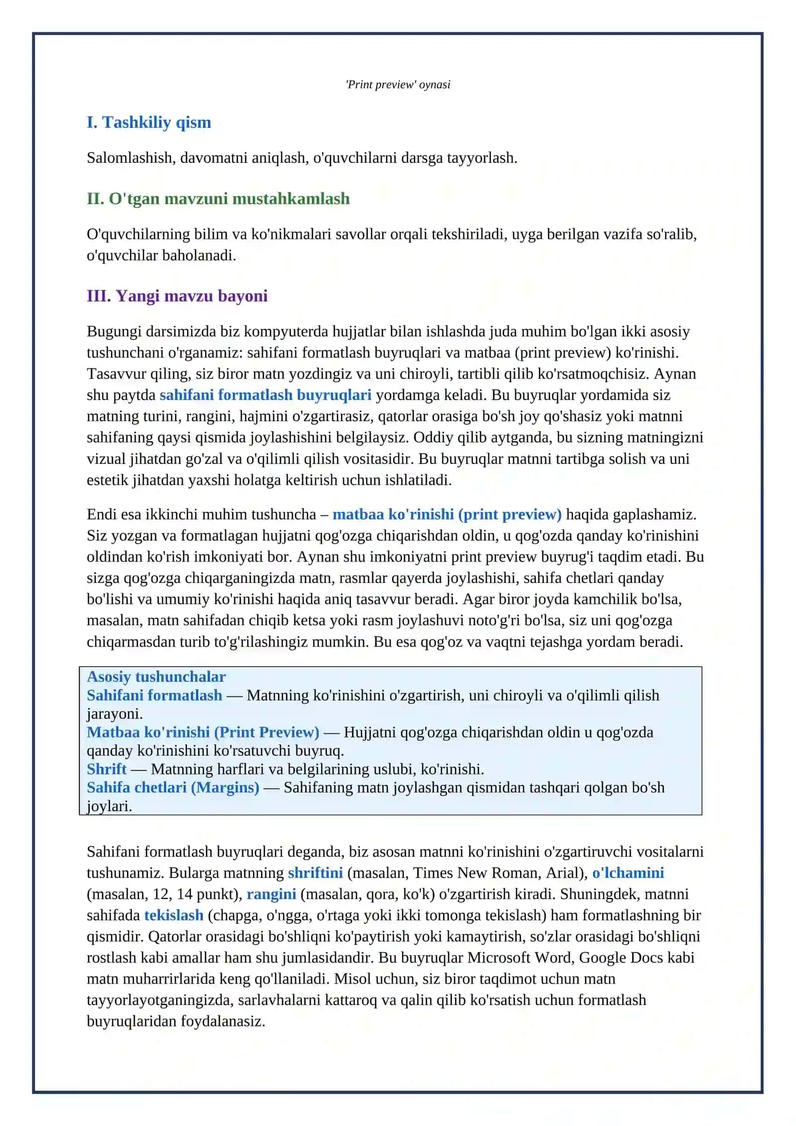 Lesson on Sahifani formatlash buyruqlaridan foydalanish. Print preview buyrug'idan foydalanish 4
