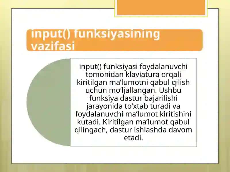 PYTHON DASTURLASH TILIDA FOYDALANUVCHILARDAN MA’LUMOT OLISH INPUT () 4