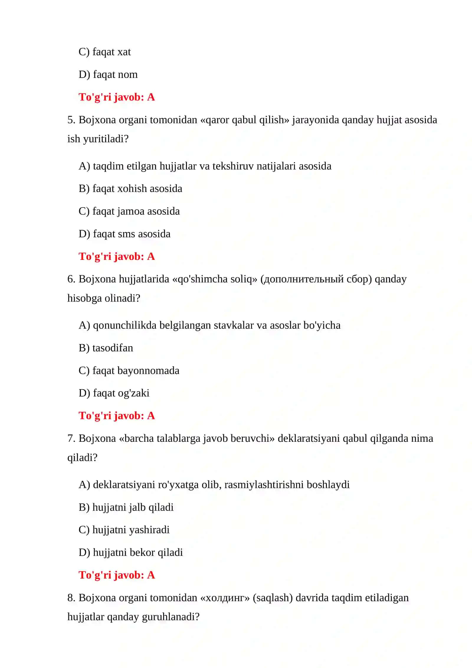 BOJXONA HUJJATLARI 100 TA TEST 4