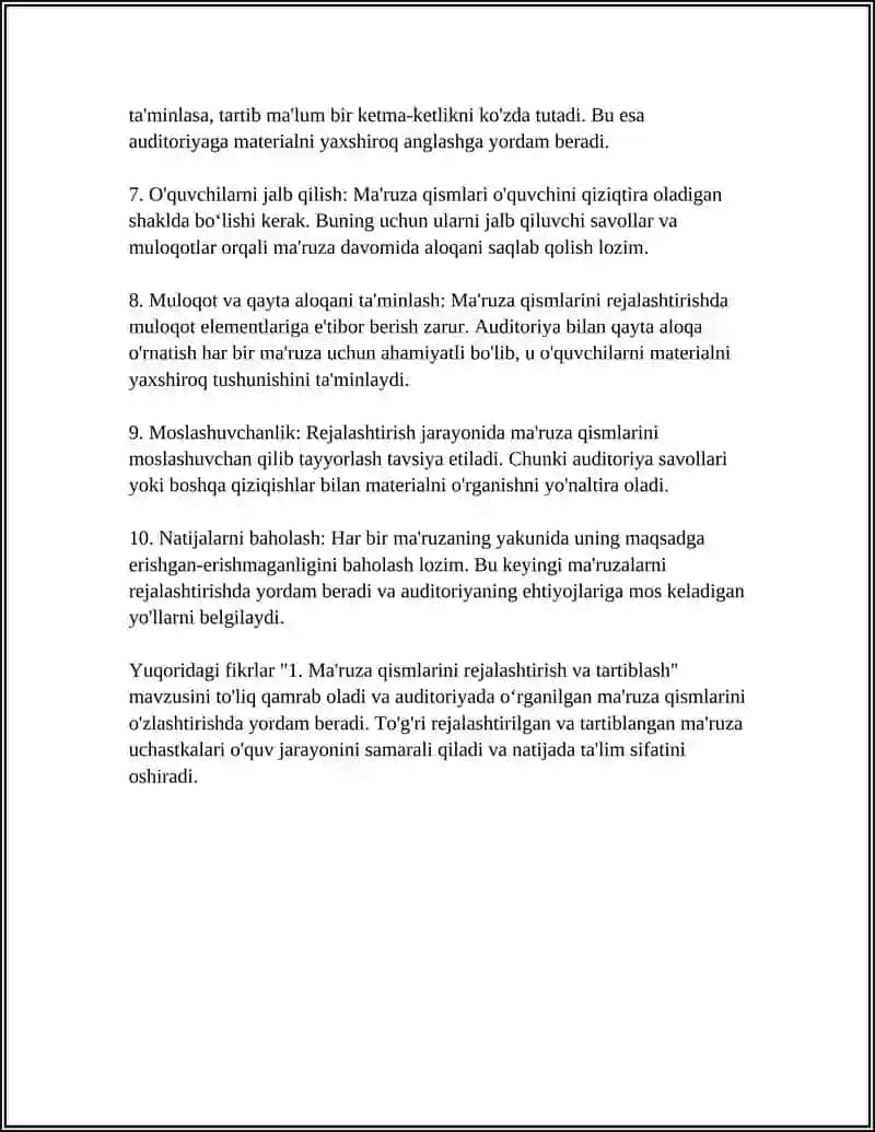 TARQATMA MATERIALLAR BÕYICHA AUDITORIYADA ÕRGANILGAN MA'RUZA QISIMLARINI ÕZLASHTIRISH 4