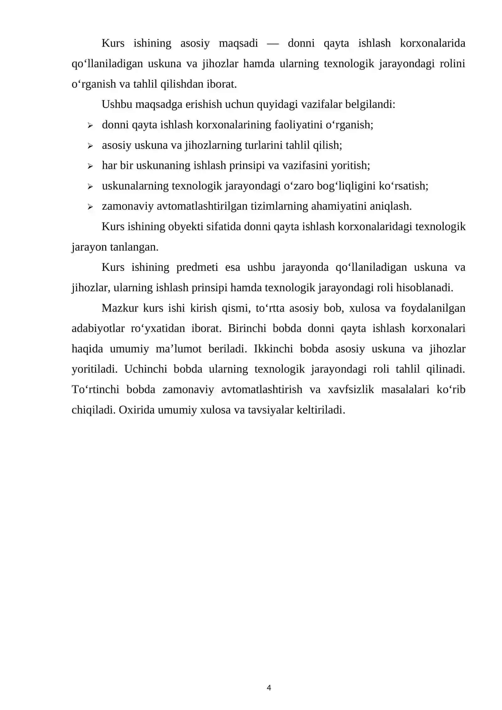 Donni qayta ishlash korxonalarida qoʻllaniladigan uskuna va jihozlar hamda ularning texnologik jarayonidagi roli 4