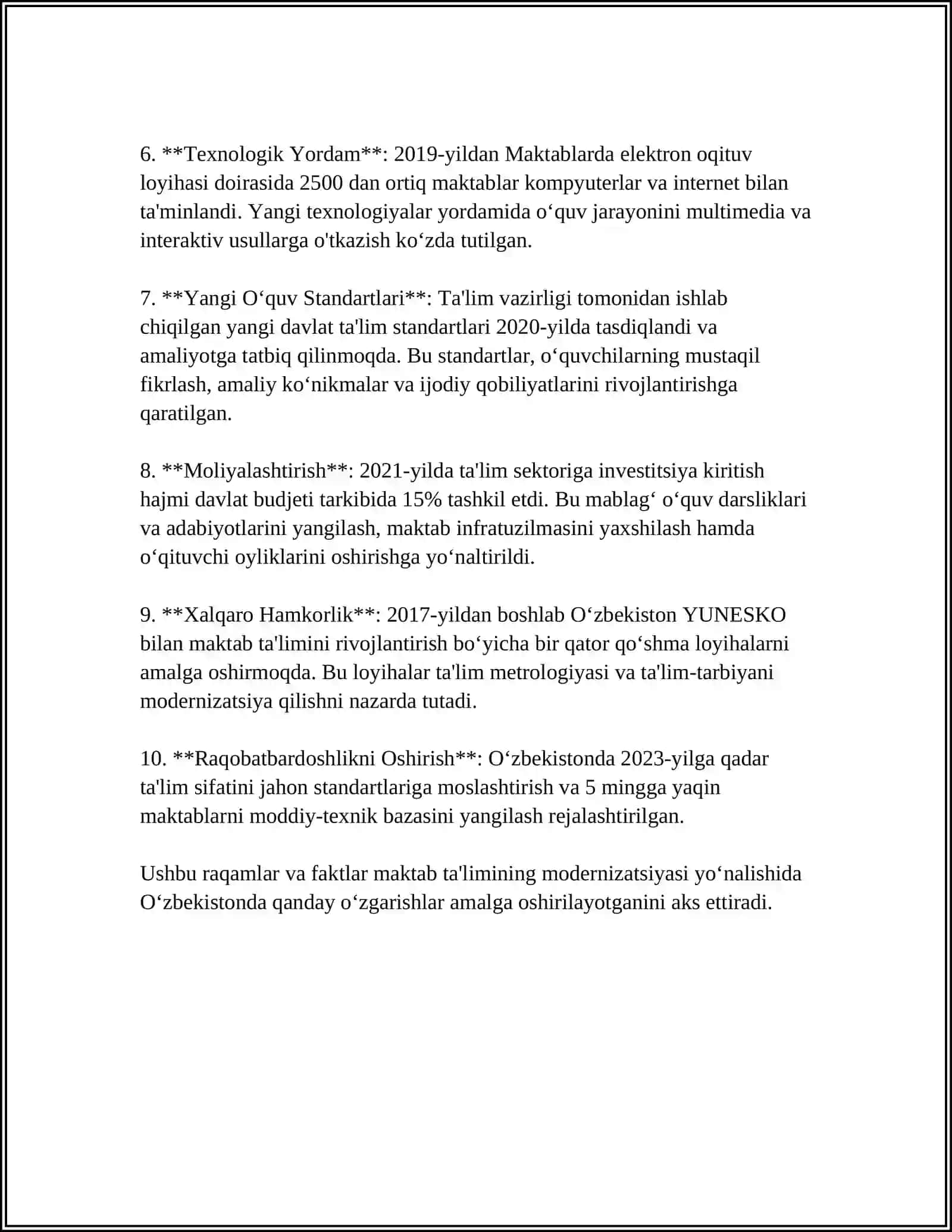 O‘zbekiston Respublikasi Ta'lim Sohasida Amalga Oshirilgan Ishlohlar 4