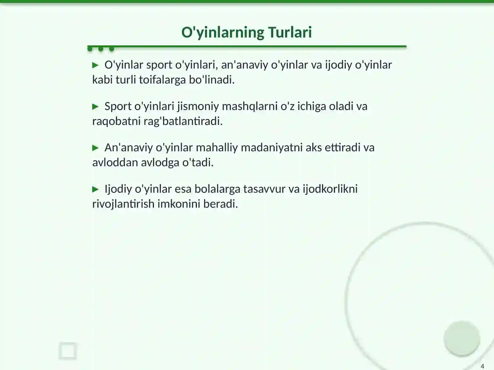 Darsdan Tashqari O'ynaladigan Harakatli O'yinlari 4