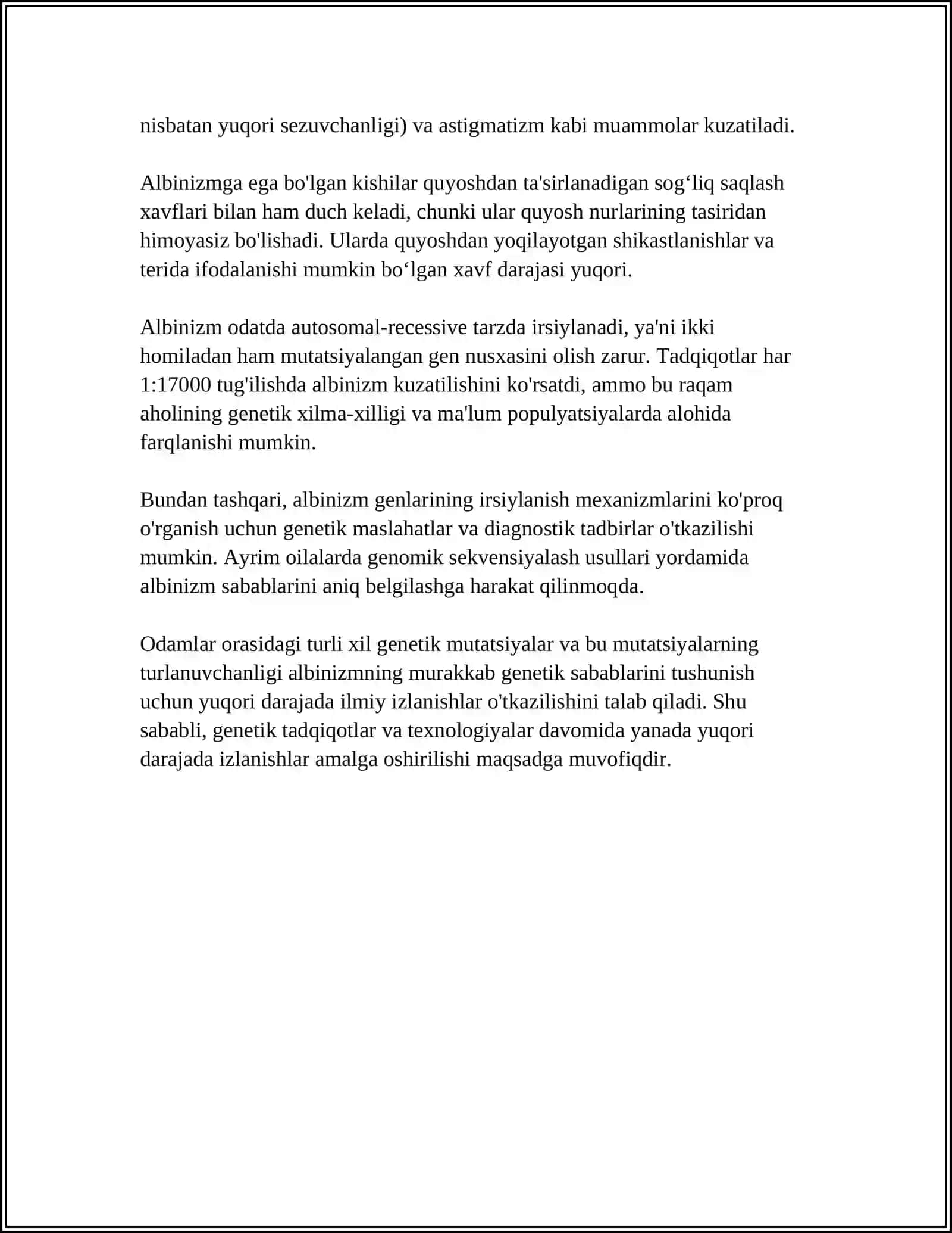 ALBINIZM. ETIOPATOGENEZI, KLINIKASI, DIAGNOSTIKASI, DAVOLASH VA PROFILAKTIKASI 4