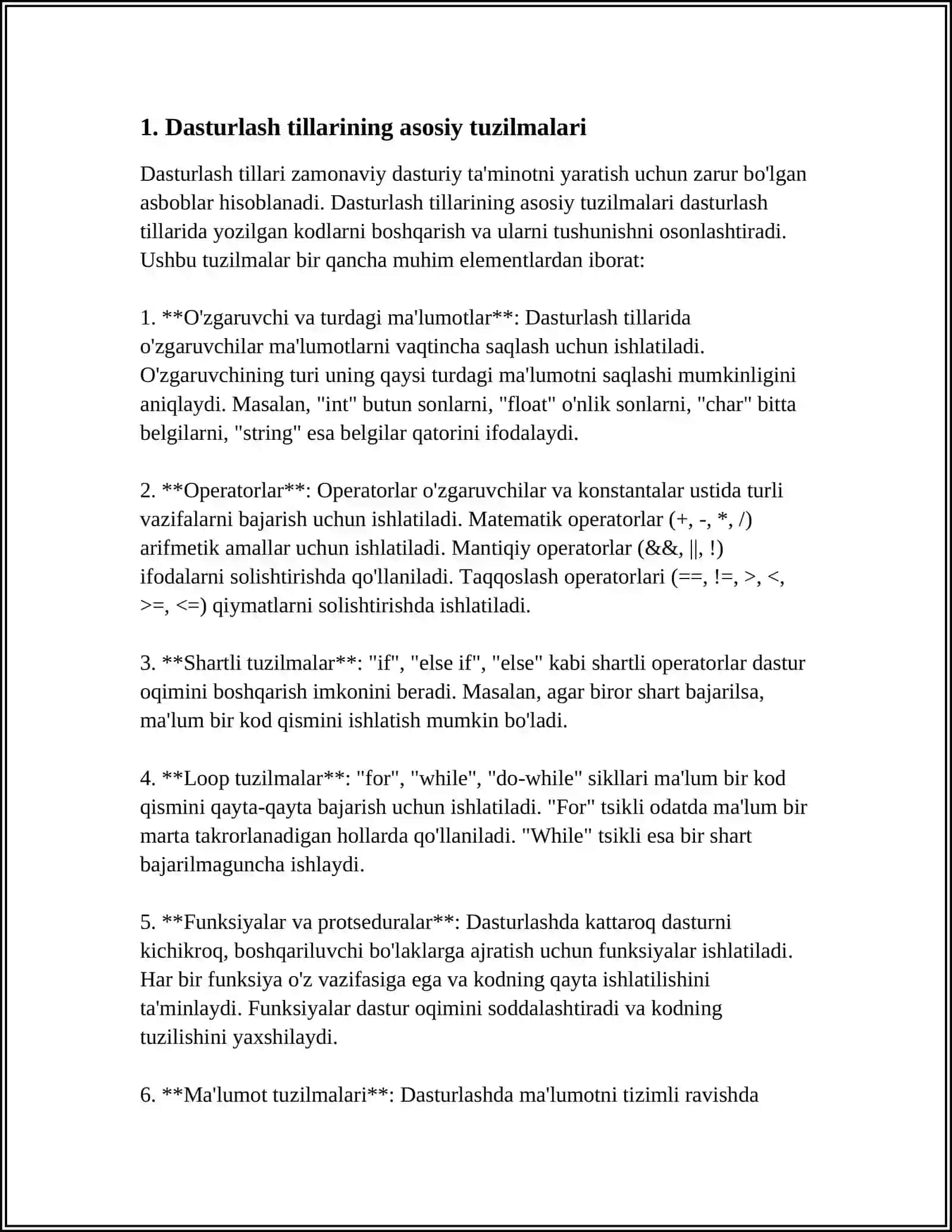 DASTURLASH TILLARINING TUZILMASI. MA’LUMOT TURLARI. KIRISH/CHIQISH FUNKSIYALARI. OPERATORLAR. CHIZIQLI ALGORITMLARNI TASHKIL QILISH 4