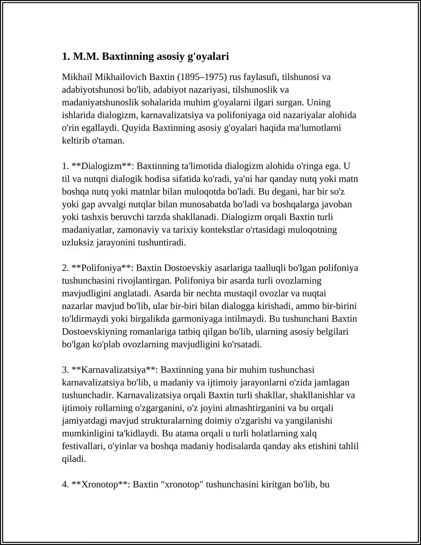 M.M.BAXTIN - V.S.BIBLERNING "MADANIYATLAR DIALOGI" NAZARIYASINING MOHIYATI 4