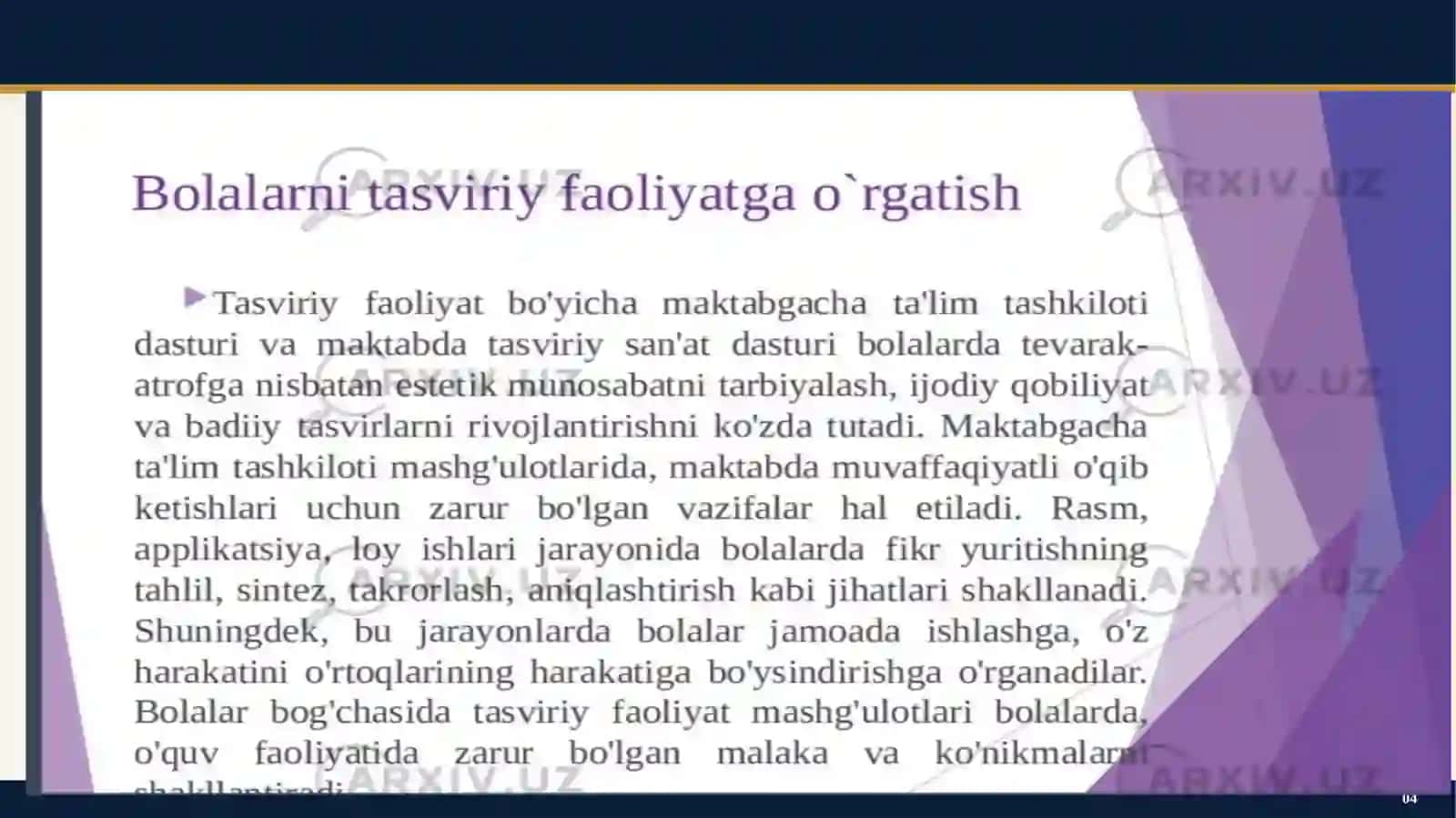 Tarbiyachining bolalarni tasviriy faoliyatga o’rgatish jarayonidagi o’rni.Maktabgacha yoshdagi bolalarni xar tomonlama rivojlanoshda tasviriy faoliyat turlari va uning ahamiyati 4
