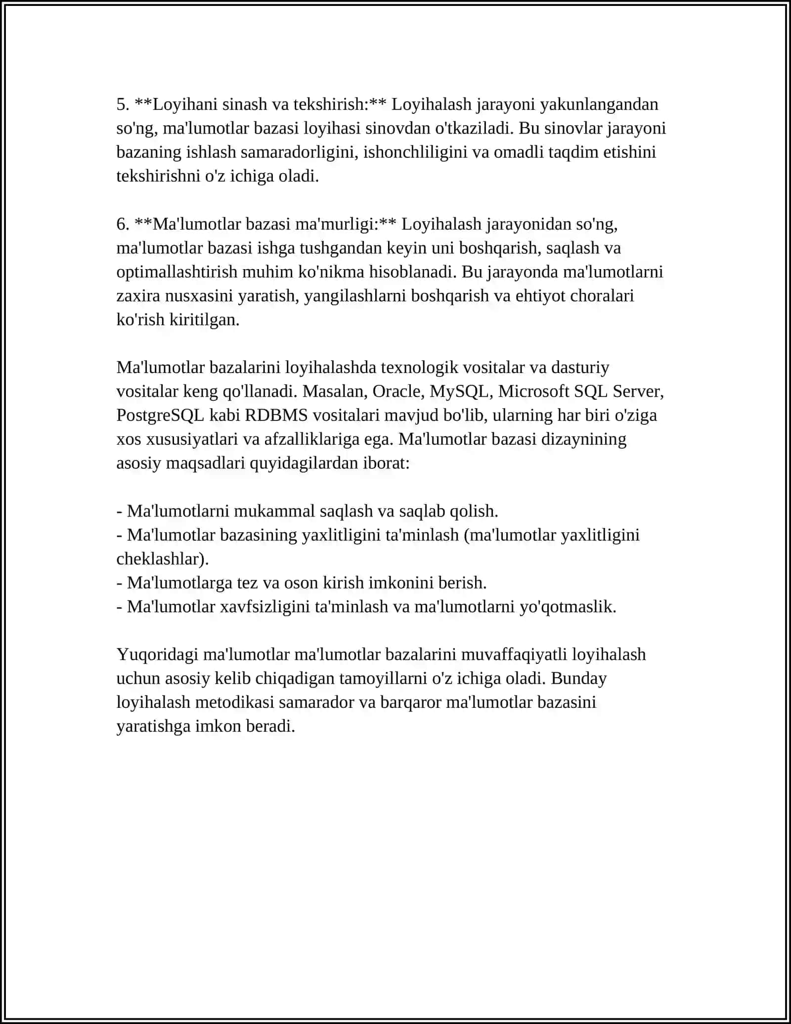 MUSTAQIL ISH Mavzu: MAʼLUMOTLAR BAZALARI VA KATTA HAJMDAGI MAʼLUMOTLAR BILAN ISHLASH TEXNOLOGIYALARI 4