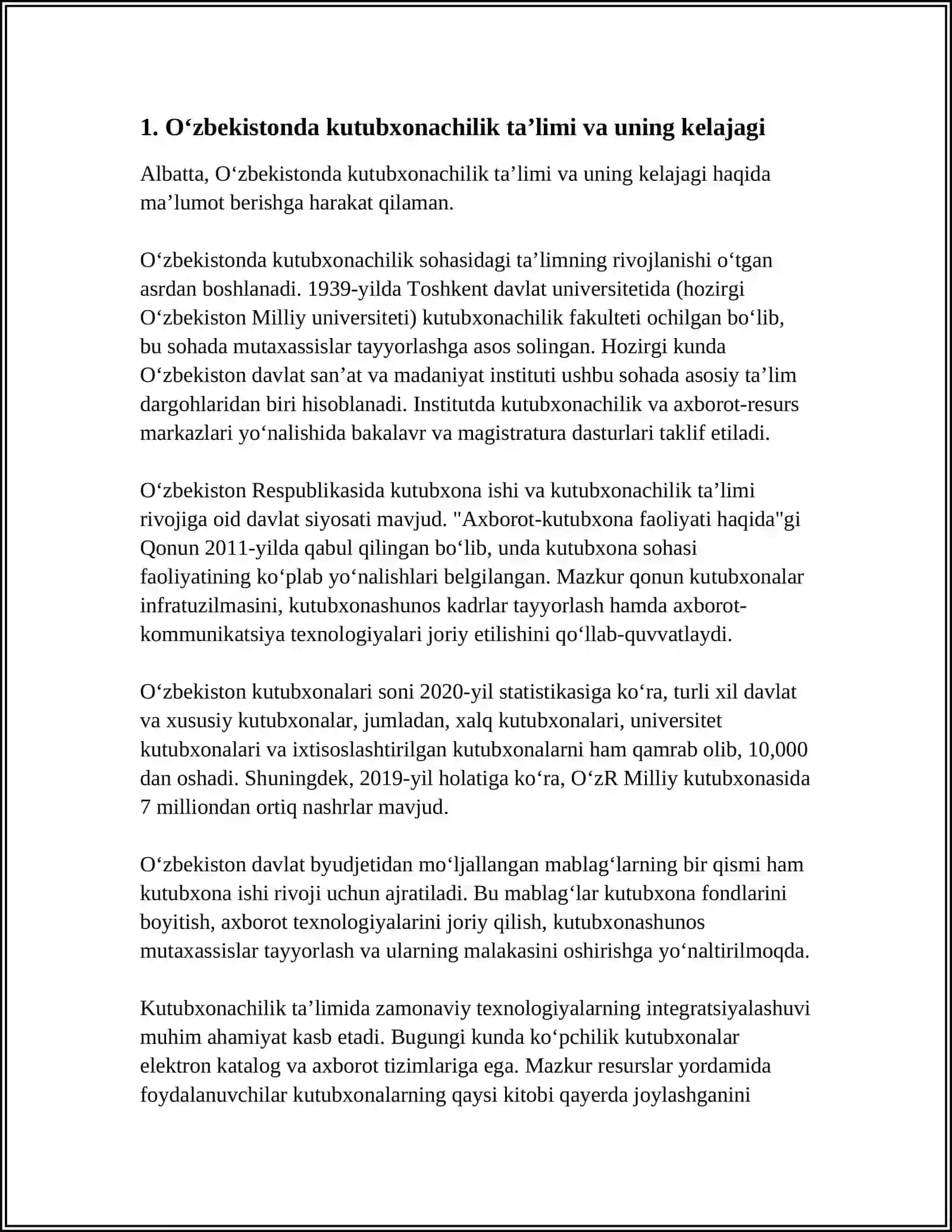 MUSTAQIL ISH Mavzu: O'ZBEKISTONDA KUTUBXONASHUNOSLIK FANINING RIVOJLANISH ISTIQBOLLARI 4