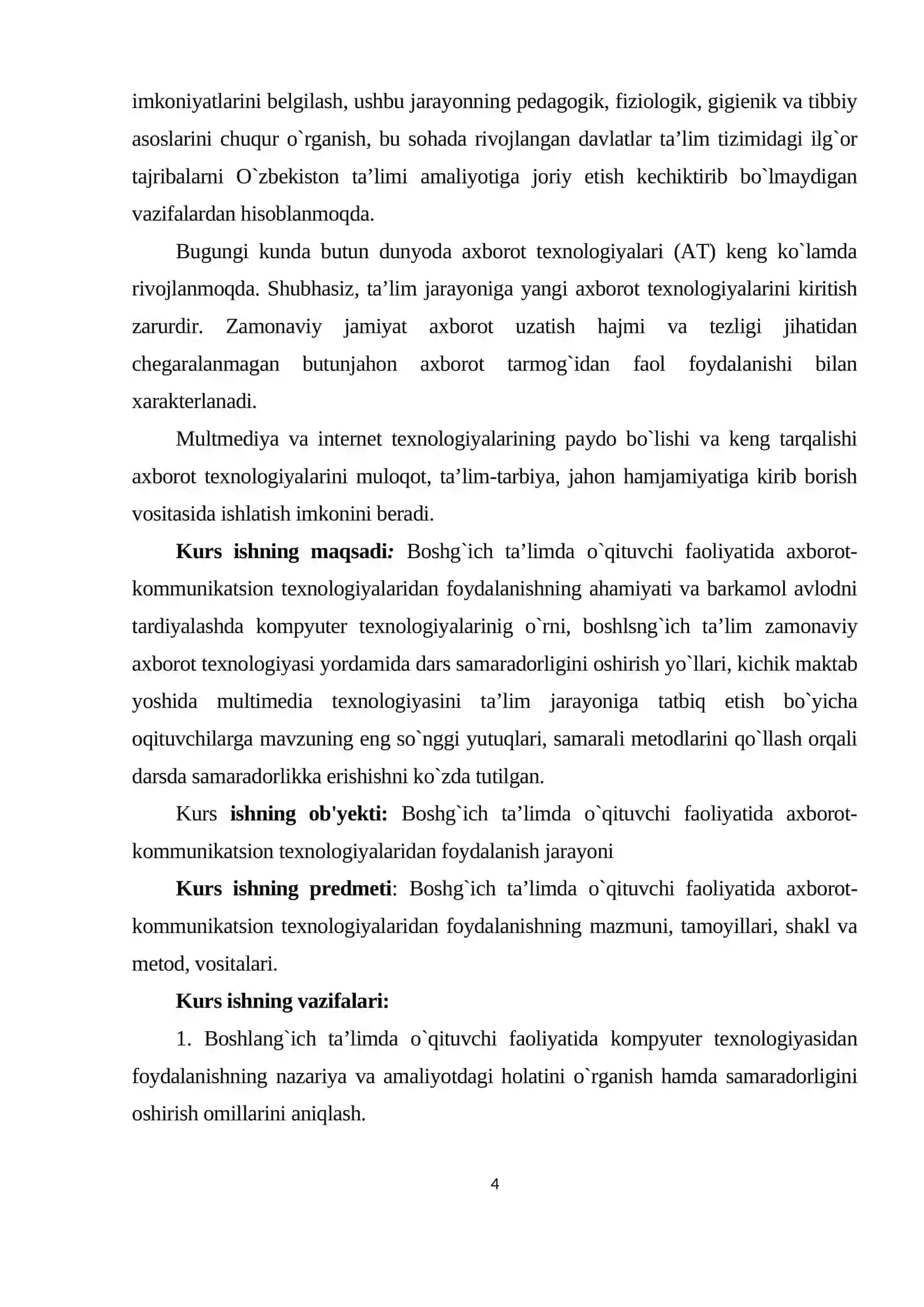 Boshlang`ich ta`limo`qituvchi pedagogik faoliyatida kompyuter texnologiyasining o`rni 4